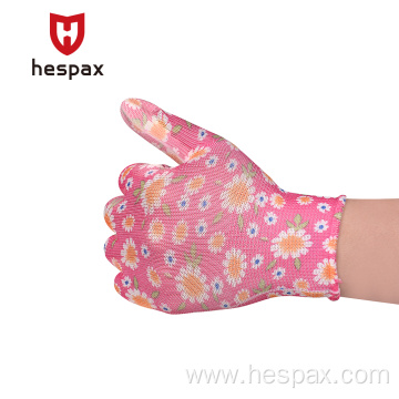 Hespax Flower Printed 13G PU Coated Gardening Gloves